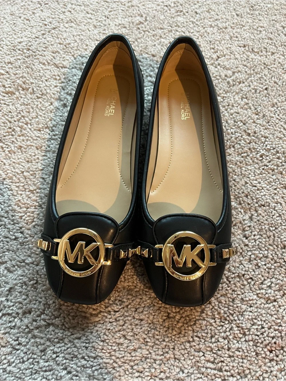Michael Kors Black Leather MK Logo Loafers with Gold Hardware